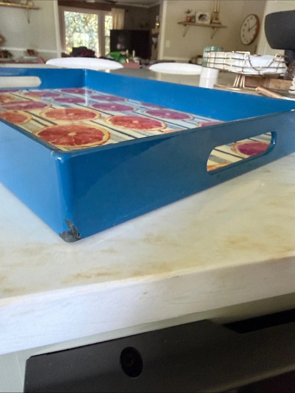 Blue Citrus Serving Tray with Pink Grapefruit Pattern